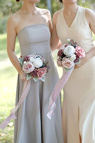 Ling's moment Artificial Bridesmaid Bouquets Set of 4,Dusty Rose Wedding Flower Bouquets Mauve Floral Bouquet Bridal Bouquets with Ribbon,Ceremony,Anniversary,7-inch Diameter - color: Pk-dusty Rose & Mauve