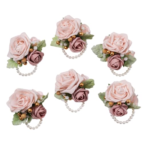 6Pcs Dusty Pink Faux Foam Rose Corsages for Women Wedding 6Pcs | Artificial Foam Rose Corsages Wristlet for Wedding Prom Bride Bridesmaids Homecoming Party Ceremony Anniversary - color: 6pcs Champagne Pink Wrist Corsage