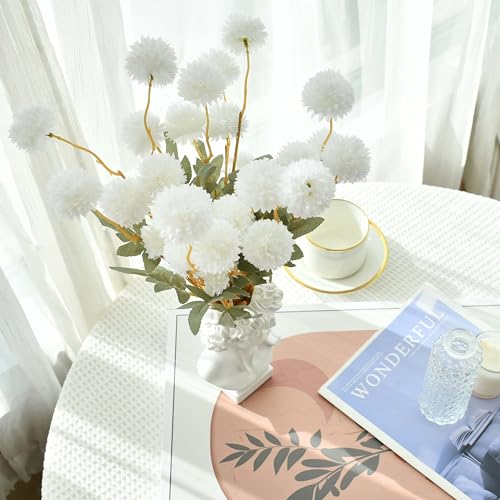 Mandy's 6 Stems Silk Ivory Kiku Ball Flowers | Artificial Chrysanthemum Stems for Home Summer Décor Realistic Faux Floral Arrangement Minimalist Elegant Style - color: Ivory
