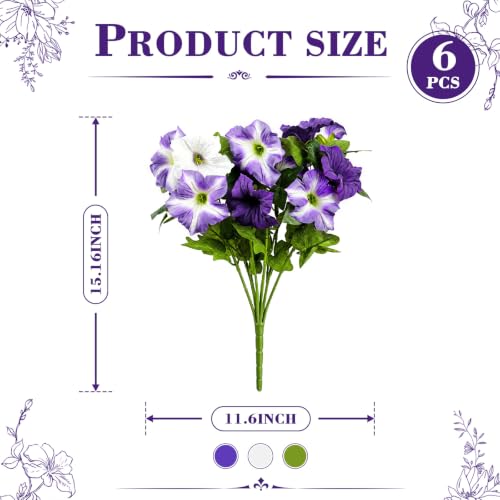 6Pcs Artificial Flowers for Outdoors, Fake Petunias Morning Glory Silk Flower UV Resistant, Faux Flowers for Outdoor Planters, Realistic Flora for Window Box Garden Porch Decor (PurpleWhite-Petunia) - color: Purplewhite-petunia