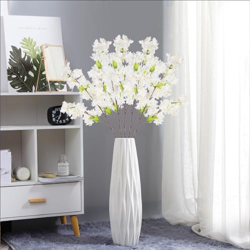 MINGZHE 5pcs Artificial Cherry Blossom Branches Faux Cherry Flowers 39 Inch Peach Branches Silk Tall Stems Fake Flower Arrangements for Home Wedding Table Vase Decor (White) - color: White