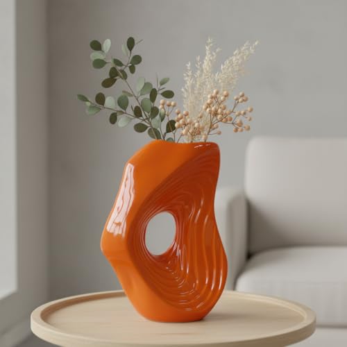 Sunddo Orange Ceramic Vase for Pampas Grass, 11 Inch Donut Modern Vase for Flowers, Nordic Art Decorative Vases for Home Decor, Entryway Table, Fireplace, Mantel, Console Decor - color: Orange, size: 11 inch
