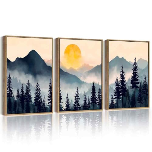 PHOPAGO Blue Fog Pine Tree Mountain Landscape Framed Wall Art Retro Watercolor Nature Misty Forest Artwork Paints Sun Rise Rustic Farmhouse Home Decor - 11x14in Natural Framed - color: Blue Mountain, size: 14L" x 11W" x 3 Pcs Natural