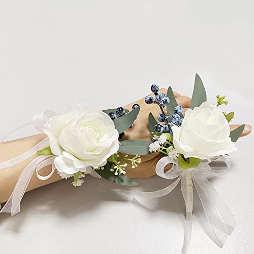Corsage and Boutonniere Set, Handmade Artificial Peony Rose Wrist Corsage Wristlet and Groom Boutonniere for Men Wedding Prom Suit Decorations (White Rose Blue Berry) - color: White Rose Blue Berry