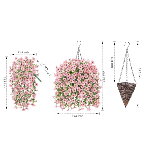 HyeFlora Artificial Hanging Flowers Basket for Outdoor, Fake Flowers Faux Plants Look Real for Yard Gardens Porch Patio Home (Pink) - color: Pink