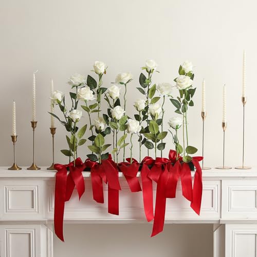 Hawesome 12PCS Artificial Silk Flowers Realistic Roses Bouquet Long Stem for Home Wedding Decoration Party (White, 6 Flowers 6 Buds) - color: White, size: 6 Flowers 6 Buds