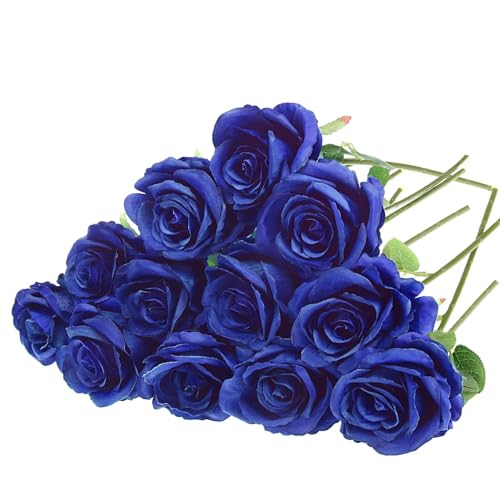Felice Arts 12 Pack Royal Blue Artificial Flowers with Stems Silk Roses Fake Flowers Bouquet for Wedding Graduation Table Vase Home Kitchen Party DIY Decor - color: Royal Blue