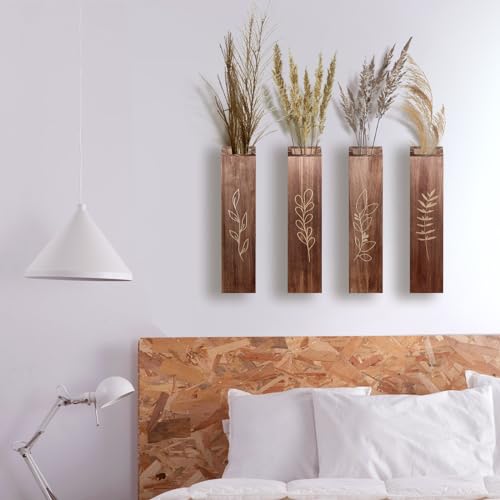 4 Pack Wood Indoor Wall Planter, Modern Boho Wall Decor for Living Room Bedroom, Farmhouse Pocket Vases for Dried Flowers and Faux Greenery Plants - Brown - color: Brown