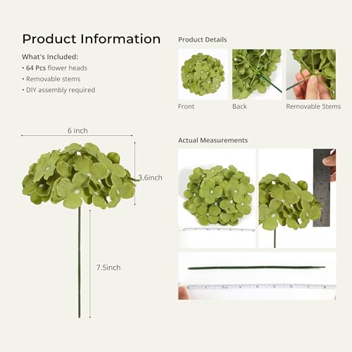 Auihiay 64Pcs Hydrangea Artificial Flowers Bulk, Faux Hydrangea Flowers Heads with Stems for Spring Wedding Garden Kitchen Counter Housewarming Home Party Decor(Mixed Green) - color: Mixed Green
