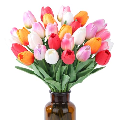 SITUMEIZI Fake Flowers Tulips Artificial PU Flower 15pcs Real Touch 14" for Spring Easter Home Kitchen Wedding Bouquet Bulk Mother's Gift Day Decorations(Multicolor,5-3) - color: Sunset Red,rose Red#,red,light Purple,white
