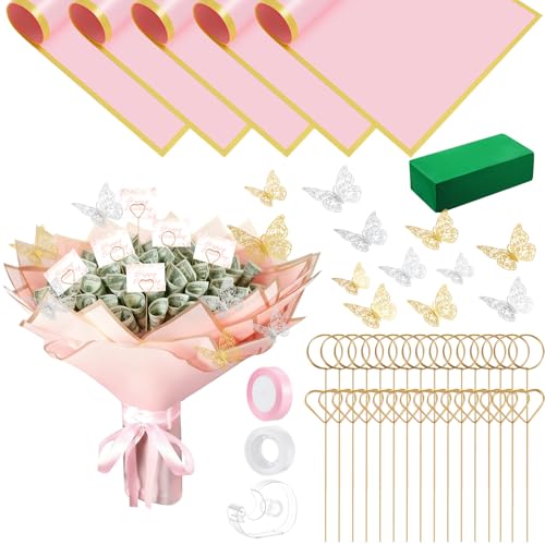 Flower Bouquet Wrapping Accessories DIY Money Bouquet Kit with 5 Floral Wrapping Paper 40 Card Holder 24 Butterfly Decor Floral Foam Block Ribbon Tape Dispenser for Mother's Day Graduation Anniversary