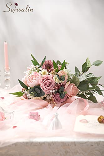 Serwalin 9.8 Inch Wedding Bouquets for Bride Bridesmaid, Dusty Pink Peonies Bridal Bouquets for Bride, Wedding Flowers Bouquet Tossing Bouquet, Wedding Ceremony and Anniversary Day Decor - color: A Athens Dusty Pink