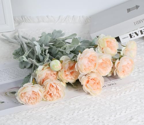 IPOPU Champagne Fake Peonies Artificial Ranunculus Flowers 6pcs 18Heads Champagne Silk Flowers 20.47" Artificial Flowers Bulk for Faux Floral Arrangements Home Table Decor - color: Champagne