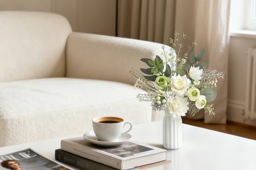 Small 11" Artificial Flowers in Ceramic Vase - White Green Silk Flower Centerpiece for Dining Table, Office, Wedding & Farmhouse, Home Decor Gifts - color: White Green