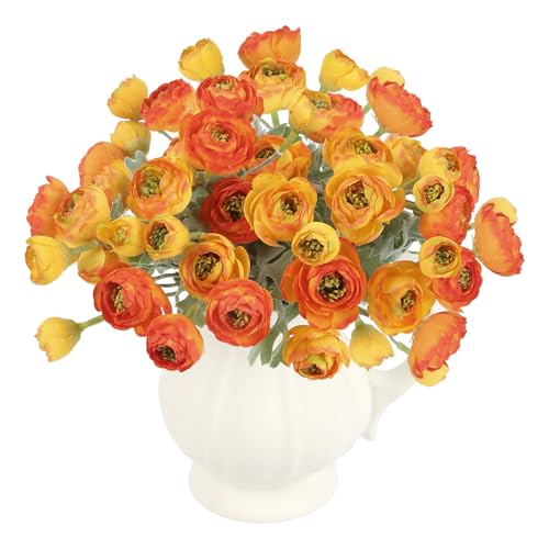 3 Bundles Mini Faux Silk Peony Bouquets,9.84" Artificial Ranunculus Flowers Fake Peony Flowers for Wedding, Home, Party Decoration(Orange) - color: Orange