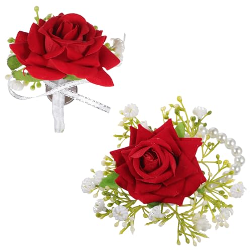 Tucnoeu 2pcs Artificial Red Rose Boutonniere and Corsage Set Corsage Wristlet Band for Prom Decor Wedding Party Flower Accessories - color: Rose Red