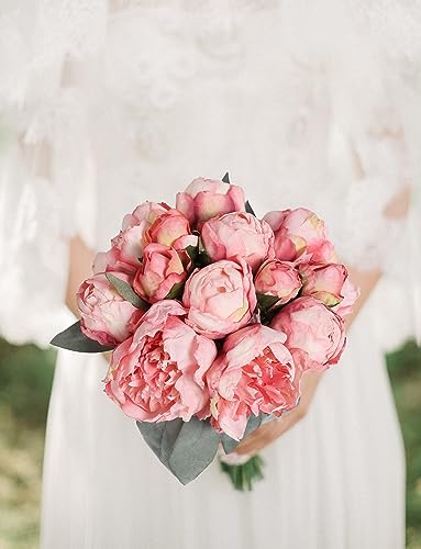 Pink Peonies Artificial Flowers 2 Bouquets Vintage Fake Peonies 14pcs Heads Silk Flowers with Stems for Wedding Decoration Bride Bouquet Faux Flowers Crafts Floral Arrangement (Pink) - color: Pink