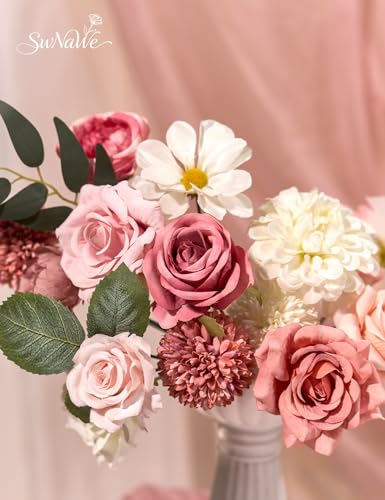 Dusty Pink Flowers Artificial Roses Combo Set Fake Pink Silk Flowers Faux Peony Flowers Mix Dahlia with Stems for Wedding Bouquets Baby Bridal Shower Party Floral Arrangements Decor - color: Dusty Pink, size: The Modern Classic