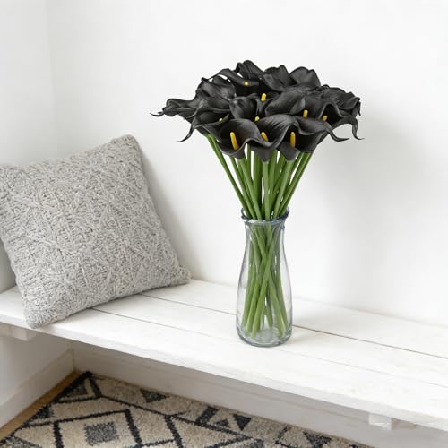Calla Lily Bridal Wedding Festival Decor Bouquet Real Touch Latex Flower Bouquet Pack of 20 (Black) - color: Black