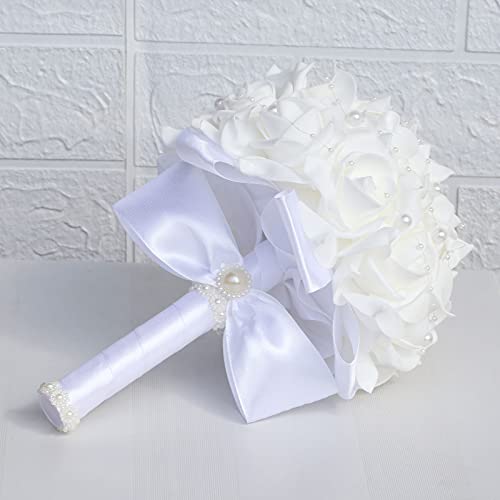 Wedding Bouquets for Brides or Bridesmaids Pearl Embellishment Roses Bridal Bridesmaid Wedding Hand Bouquet Artificial Fake Flowers.(White) - color: White1