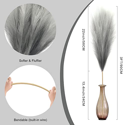 8Pcs 3FT Grey Colorful Faux Pampas Grass for Boho Decor, KALYLOC Non-Shedding Fluffy Artificial Bulrush, Tall Reed Fluffy Stems Vase Filler Living Room Wedding Decoration - color: Grey