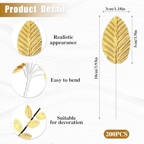 200 Pcs Golden Artificial Leaves with Stems DIY Corsage Single Leaf Crafts Gold Floral Accents Silk Leaf Artificial Leaves for Wedding Party Home Decor Flower Bouquet
