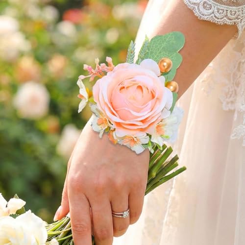 Rose Corsage Flower Prom Corsages Bridesmaids Hand Floral for Women and Girls (Pink) - color: Pink