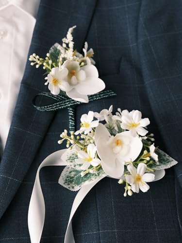 White Rose Wrist Corsage and Boutonniere Set with Ribbon Ties Wedding Prom Formal Accessories (White Style 2) - color: White Style 2