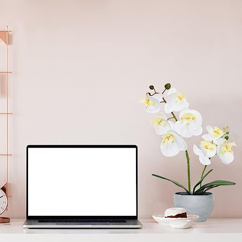 White Orchid Artificial Flowers 2 Stems in Grey Pot, Potted Faux Orchid Flower for Home Bathroom Table Living Room Office Kitchen Decor - color: White
