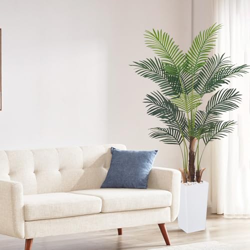 Artificial Palm Tree，5.5FT Fake Tree with White Tall Planter,Faux Areca Palm Tree,Tall Faux Plant with Lifelike Leaves for Home Office Living Room Modern Decoration
