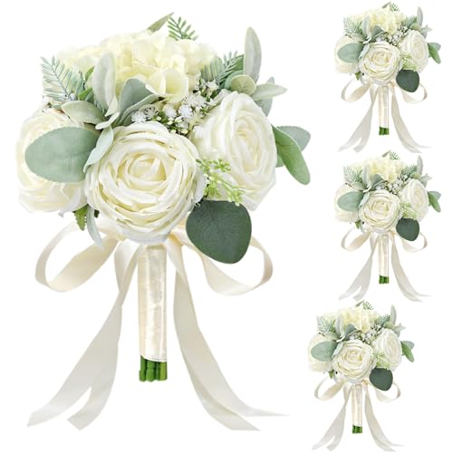 Set of 4 Bridesmaid Bouquets for Wedding - Silk Artificial Ivory Bridesmaid Flowers, Pre-Made Roses Sage Green Boho Bridal Floral for Bride Party Ceremony Anniversary Decoration - 9inch - color: White-2, size: Set of 4 Bridesmaid Bouquets