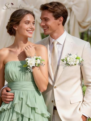 Serwalin 2Pcs Corsage and Boutonniere Set,White Rose Corsage Wristlet and Pocket Boutonniere for Prom Wedding Homecoming Anniversary Graduation - color: Athens White