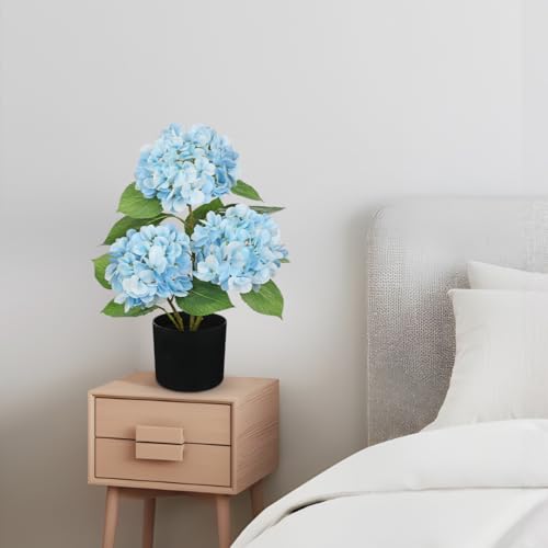 Hollyone Light Blue Hydrangea Artificial Flowers Plant Potted 19.7" Faux Silk Hydrangea Flower Tree Arrangements for Home Bathroom Office Table Centerpiece Shelf Decorations - color: Light Blue, size: 3 Head Hydrangea