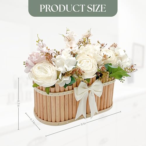 Dining Table Centerpiece Decor - Pre-Made Artificial Flower Arrangement Fake Floral with Wooden Vase for Farmhouse Kitchen Bathroom Living Room Decorations (Purple-White) - color: Purple-white