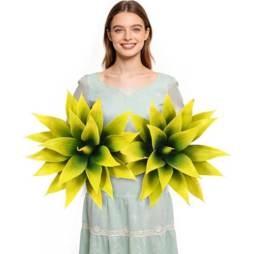 Wertuirk 18 Inch Artificial Agave Plant Set of 2, Realistic Faux Succulents with Vibrant Color, UV Resistant & Low Maintenance Fake Plants for Indoor Outdoor, Home, Garden Decor (Yellow×2, Medium) - color: Yellow×2, size: Medium