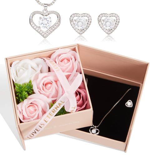 WDS WONDROUS Preserved Rose Jewelry Gift Set for Women, Forever Rose Flower with Heart Necklace & Earrings for Valentine's Day Anniversary Birthday Gift for Her - color: pink and silver, size: set of 3
