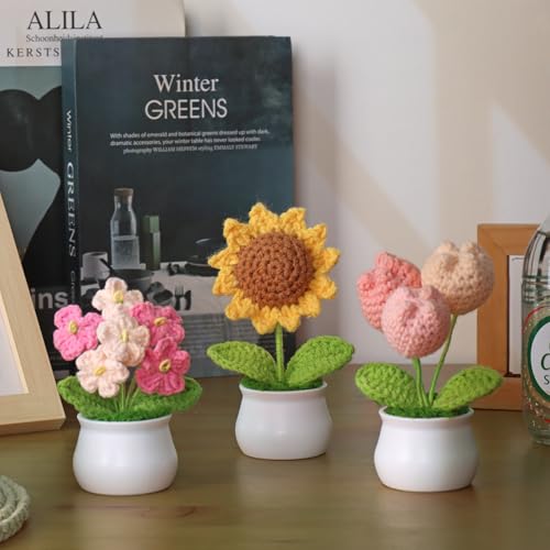 Weldomcor Crochet Flower Cute Potted Plants Fake Knitted Sunflower Tulips Mini Flowers Pot for Desk Office Car Dashboard Window Home Decor, Gift for Teachers Mother Day Valentines Anniversary Birthday - color: Sunflower+tulip+myosotis