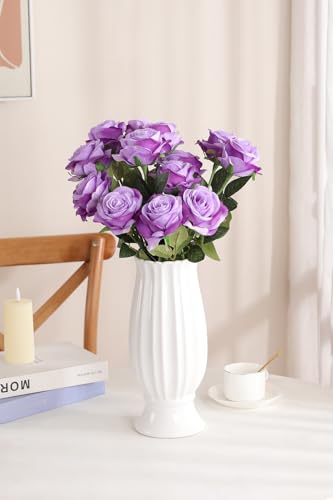 Luyue 10PCS Artificial Roses Flower with Stems Slik Fake Flowers Bouquet Realistic Long Stem Faux Rose for Valentines Day Wedding Home Decor - color: Light Purple