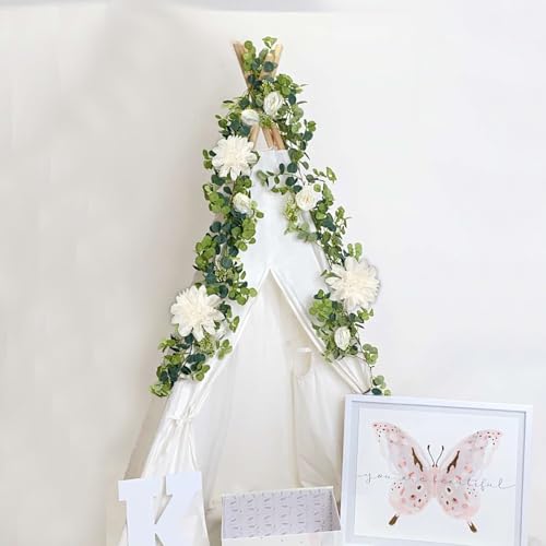 Artificial Flower Garlands, Rose Flower Vine, Artificial Eucalyptus Garland with Flowers, 6' Floral Garland for Wedding Decor Home Table Runner Mantle (White)