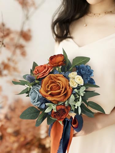 Rinlong Navy Terracotta Bridesmaid Bouquet, Fall Wedding Bouquets | Bridal Bouquet, Prom, Homecoming, Destination Friendly - color: 02-navy & Terracotta