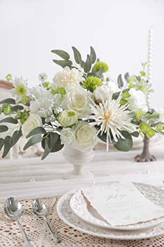 White Artificial Flower Box Set Silk Fake Flowers for DIY Centerpieces Cake Decorations, Wedding Bouquets, Boutonnieres, Home Decor (White Green) - color: White Green
