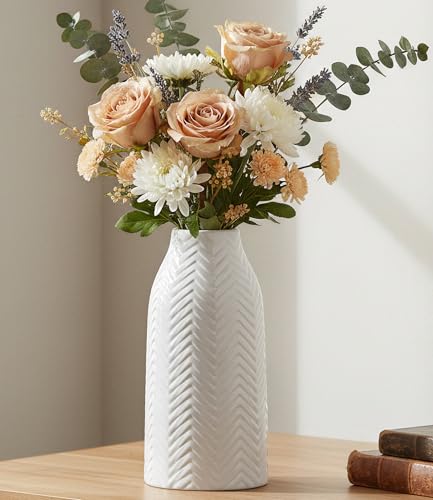 hjn White Vase for Flowers Ceramic Vase for Decor, Modern Decorative Tall Vases for Your Kitchen/Office/Living Room/Bookshelf/Mantel - White Texture(Medium) - size: 6D'' x 12"H