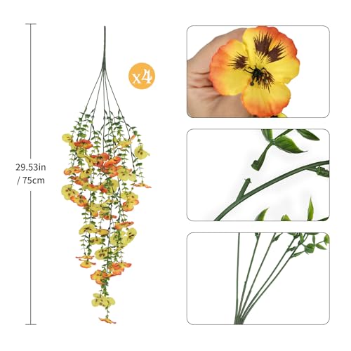 Artificial Hanging Flowers for Outdoors, 4 PCS 29.5in UV Resistant Faux Outdoor Hanging Plants Pansy Flowers Fake Cascading Floral Vines for Porch Patio Balcony Pergola, Yellow & Orange - color: Yellow&orange
