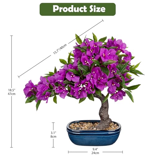 Briful Artificial Bougainvillea Bonsai Tree 18.5" Silk Bougainvillea Plant with Blue Pot Fake Bougainvillea Floral Tree for Home Office Room Desk Shelf Zen Décor(Purple) - color: Purple Blue