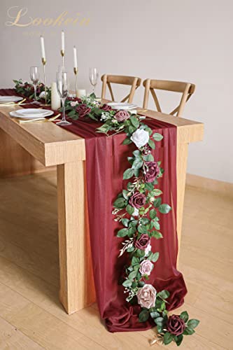 Lookein Artificial Rose Flower Garland Greenery Garland 5FT for Wedding Ceremony Backdrop Arch Flowers Table Centerpieces Decorations, Burgundy - color: Burgundy