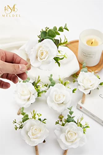 Ivory White Rose Boutonnieres for Men Wedding, Set of 2, Artificial Corsage for Prom, Groom and Groomsmen Boutonniere for Ceremony, Formal Dinner Party, Fall Rustic Wedding, Homecoming - color: 2 Boutonnieres White