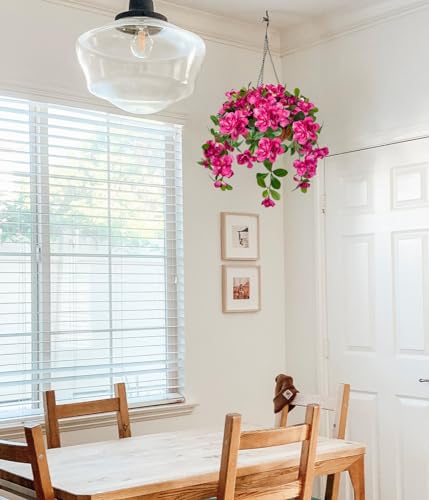 Briful Fake Hanging Flowers with Basket, Hot Pink Artificial Azalea Hanging Silk Basket Flowers Outdoor Faux Flowers for Home Garden Patio Porch Balcony Yard Decor - color: Hot Pink, size: Large