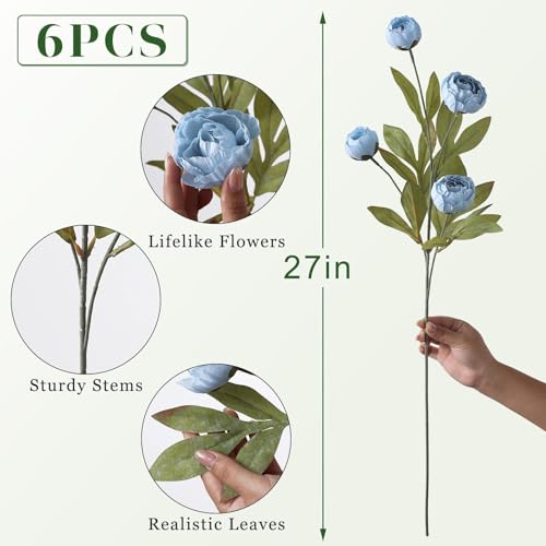 VIERENA 6 Pcs Faux Silk Peony Artificial Flowers for Vase -27", Bulk Fake Peonies Branches with Stems for DIY Bouquet Centerpieces Wedding Fillers Arrangements Shower Decorations (Dusty Blue) - color: Dusty Blue