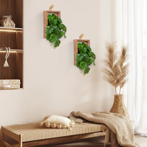 DILATATA Artificial Hanging Plants with Wooden Frame 2 Pack Faux Monstera Leaves Hanging Vine Greenery Plants for Living Room Bedroom Farmhouse Office Home Decor