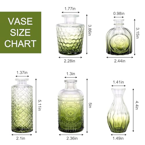 5pcs Green Glass Bud Vase Set, Small Flower Vases for Centerpieces in Bulk, Mini Vintage Vase for Home, Wedding, Table Decor - color: Green, size: 5pcs